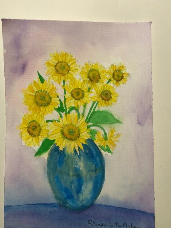 Rhonda McMahon...artist Other - Watercolor Painting of Sunflowers in Blue Vase